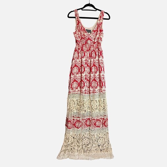 Anthropologie Sunday in Brooklyn Lace Maxi Dress Women's Medium Red Crochet - Picture 2 of 9